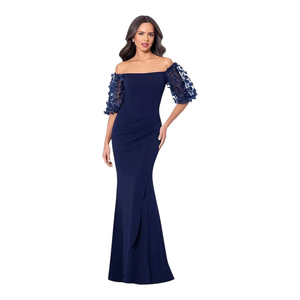 XSCAPE Off Shoulder Floral Puff Sleeve Evening Gown Maxi Navy Blue Size 12